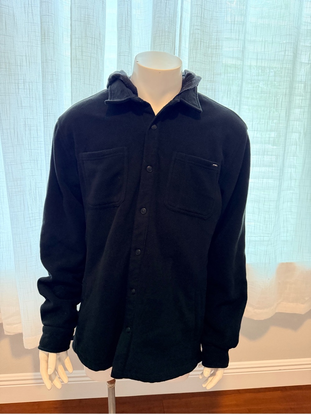 O’Neill Men’s Black Hooded Fleece Shacket Snap Front Shirt Jacket Size Large